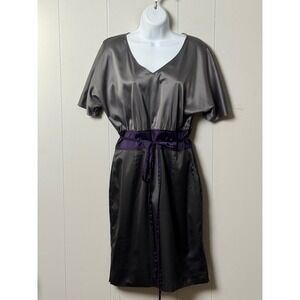 The Limited Women Grey Satin Colorblock VNeck Sheath Dress Purple Tie Waist Sz 8